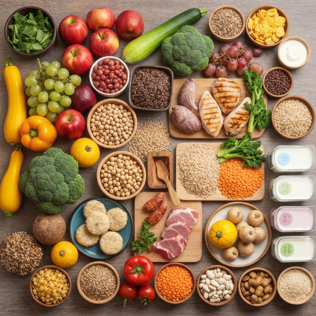 Diverse food groups organized for balanced nutrition