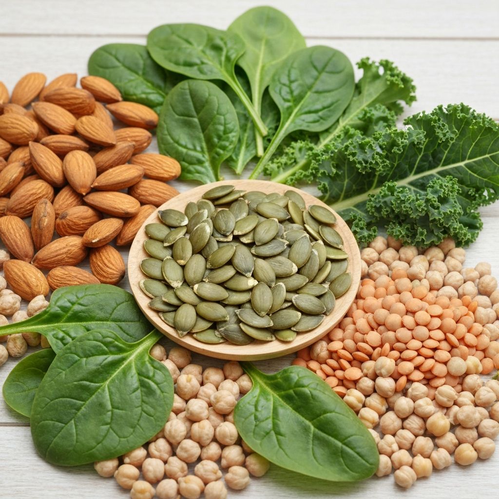 Mineral-rich foods including nuts, seeds, and leafy greens